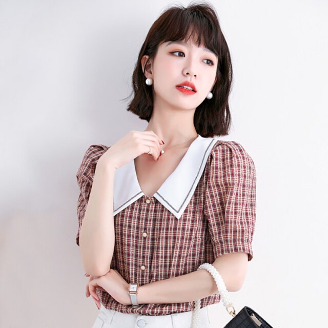 Women Chiffon Blouses 2021 Fashion Summer Style Casual Shirts Lady  Short Sleeve Peter Pan Collar Plaid Chiffon Puff Sleeve Tops