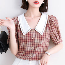 Load image into Gallery viewer, Women Chiffon Blouses 2021 Fashion Summer Style Casual Shirts Lady  Short Sleeve Peter Pan Collar Plaid Chiffon Puff Sleeve Tops