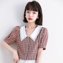 Load image into Gallery viewer, Women Chiffon Blouses 2021 Fashion Summer Style Casual Shirts Lady  Short Sleeve Peter Pan Collar Plaid Chiffon Puff Sleeve Tops