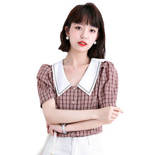 Load image into Gallery viewer, Women Chiffon Blouses 2021 Fashion Summer Style Casual Shirts Lady  Short Sleeve Peter Pan Collar Plaid Chiffon Puff Sleeve Tops