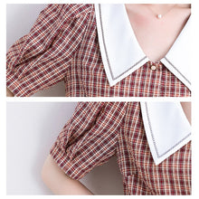 Load image into Gallery viewer, Women Chiffon Blouses 2021 Fashion Summer Style Casual Shirts Lady  Short Sleeve Peter Pan Collar Plaid Chiffon Puff Sleeve Tops