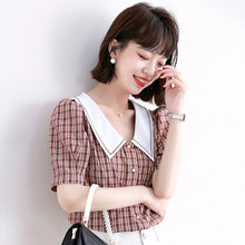 Load image into Gallery viewer, Women Chiffon Blouses 2021 Fashion Summer Style Casual Shirts Lady  Short Sleeve Peter Pan Collar Plaid Chiffon Puff Sleeve Tops