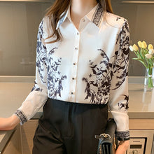Load image into Gallery viewer, Women Chiffon Shirt New 2021 Spring Autumn Long Sleeve Blouse Shirt Elegant Slim Print Ofice Lady White Tops