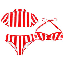 Load image into Gallery viewer, Women Christmas Costume Underwear Erotic Lingerie Puff Sleeve Turn-down Collar Stripe Crop Top Lace-up Bra Low Waist Brief Suits