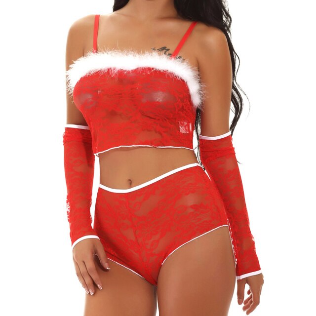 Women Christmas Sexy Lingerie Festival Red Hollow Lingerie Set Underwear Women Lingerie Erotic Pajamas 2 Styles