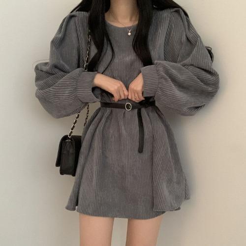 Women Corduroy dress y2k Casual Puff Sleeve V Neck Pencil Dress Woman Single Breasted High Waist Solid Holiday Mid-Calf Dress