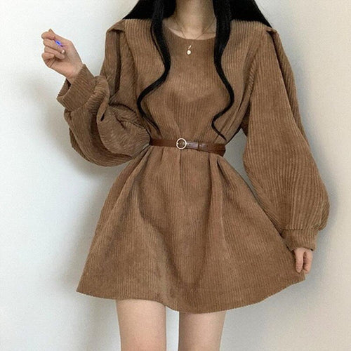 Women Corduroy dress y2k Casual Puff Sleeve V Neck Pencil Dress Woman Single Breasted High Waist Solid Holiday Mid-Calf Dress