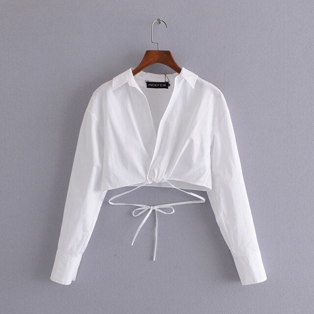 Women Crop Blouse Top Solid White Bow Lace Up Ladies Blouses Long Sleeve Turn Down Collar Sweet Casual Summer Girls Tops Fashion