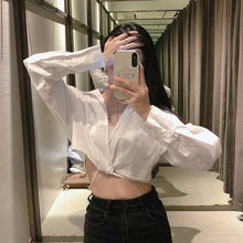 Load image into Gallery viewer, Women Crop Blouse Top Solid White Bow Lace Up Ladies Blouses Long Sleeve Turn Down Collar Sweet Casual Summer Girls Tops Fashion