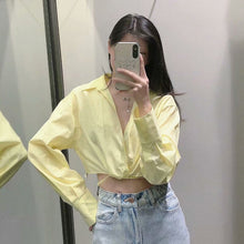 Load image into Gallery viewer, Women Crop Blouse Top Solid White Bow Lace Up Ladies Blouses Long Sleeve Turn Down Collar Sweet Casual Summer Girls Tops Fashion