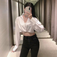 Load image into Gallery viewer, Women Crop Blouse Top Solid White Bow Lace Up Ladies Blouses Long Sleeve Turn Down Collar Sweet Casual Summer Girls Tops Fashion