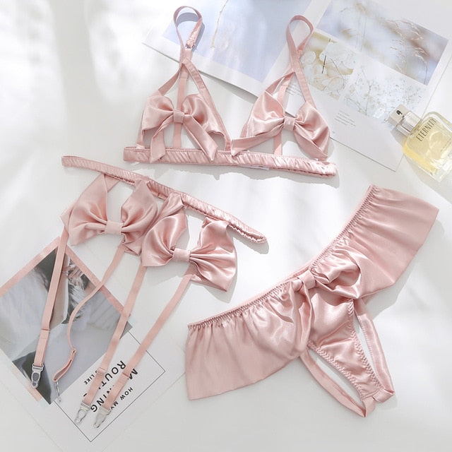 Women Cupless Bra Seducive Sexy Lingerie Sets Sensual Underwear Passion Bow Knot Bra Panty Garter Belt Set Pink Victoria Secret