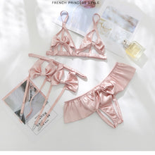 Load image into Gallery viewer, Women Cupless Bra Seducive Sexy Lingerie Sets Sensual Underwear Passion Bow Knot Bra Panty Garter Belt Set Pink Victoria Secret