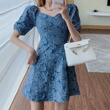 Load image into Gallery viewer, Women Denim Dress 2021 Summer French Vintage Puff Sleeve Rose Jacquard High-End Waist Robe Sexy Backless A-Line Vestido De Mujer