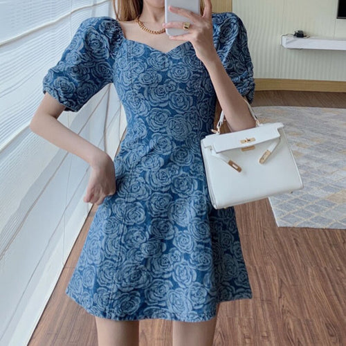 Women Denim Dress 2021 Summer French Vintage Puff Sleeve Rose Jacquard High-End Waist Robe Sexy Backless A-Line Vestido De Mujer