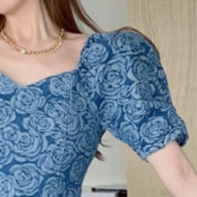 Load image into Gallery viewer, Women Denim Dress 2021 Summer French Vintage Puff Sleeve Rose Jacquard High-End Waist Robe Sexy Backless A-Line Vestido De Mujer