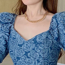 Load image into Gallery viewer, Women Denim Dress 2021 Summer French Vintage Puff Sleeve Rose Jacquard High-End Waist Robe Sexy Backless A-Line Vestido De Mujer
