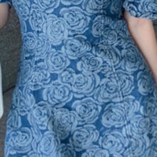 Load image into Gallery viewer, Women Denim Dress 2021 Summer French Vintage Puff Sleeve Rose Jacquard High-End Waist Robe Sexy Backless A-Line Vestido De Mujer