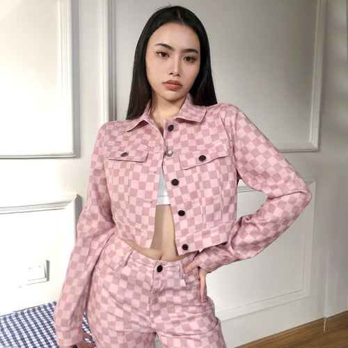 Women Denim Jacket Spring Autumn Short Coat Pink Checkerboard Jean Jackets Casual Top Outerwear Fashion Winter Jacket Women