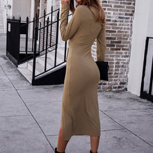 Load image into Gallery viewer, Women  Dress Autumn 2021 Long Sleeve Sexy Ribbed Slit Side Buttons Slim Dress Ladies Elegant Party Bodycon Dress Robe