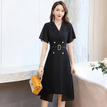 Load image into Gallery viewer, Women Dress Elegant Solid Color Short Sleeves Suit Collar 2022 Spring Summer New Medium Length Style Slim Reducing French Skirt