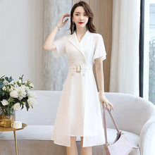 Load image into Gallery viewer, Women Dress Elegant Solid Color Short Sleeves Suit Collar 2022 Spring Summer New Medium Length Style Slim Reducing French Skirt