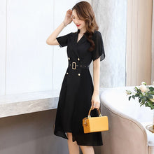 Load image into Gallery viewer, Women Dress Elegant Solid Color Short Sleeves Suit Collar 2022 Spring Summer New Medium Length Style Slim Reducing French Skirt