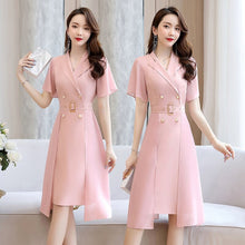Load image into Gallery viewer, Women Dress Elegant Solid Color Short Sleeves Suit Collar 2022 Spring Summer New Medium Length Style Slim Reducing French Skirt