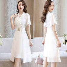 Load image into Gallery viewer, Women Dress Elegant Solid Color Short Sleeves Suit Collar 2022 Spring Summer New Medium Length Style Slim Reducing French Skirt