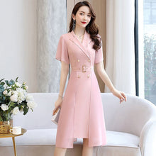 Load image into Gallery viewer, Women Dress Elegant Solid Color Short Sleeves Suit Collar 2022 Spring Summer New Medium Length Style Slim Reducing French Skirt