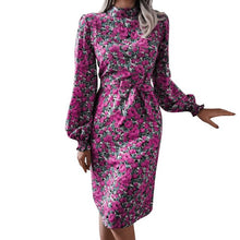 Load image into Gallery viewer, Women Dress Fashion Floral Print Stand Collar Lantern Sleeves with Belt Casual Chic Long Dress Party Clubnight Beach Vestidos