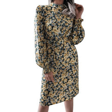 Load image into Gallery viewer, Women Dress Fashion Floral Print Stand Collar Lantern Sleeves with Belt Casual Chic Long Dress Party Clubnight Beach Vestidos
