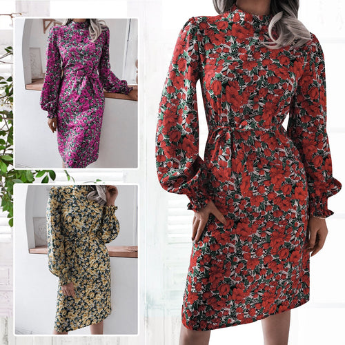 Women Dress Fashion Floral Print Stand Collar Lantern Sleeves with Belt Casual Chic Long Dress Party Clubnight Beach Vestidos
