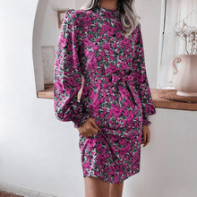 Load image into Gallery viewer, Women Dress Fashion Floral Print Stand Collar Lantern Sleeves with Belt Casual Chic Long Dress Party Clubnight Beach Vestidos