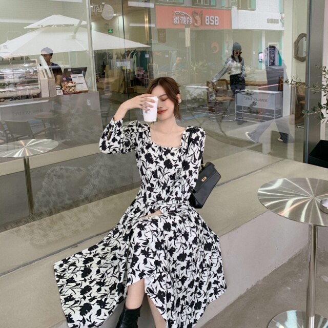 Women Dress Floral Fashion French Fairy Chiffon Sexy V-Neck Dresses Fashion Long-Sleeve Temperament Black Autumn Long Skirts