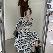 Load image into Gallery viewer, Women Dress Floral Fashion French Fairy Chiffon Sexy V-Neck Dresses Fashion Long-Sleeve Temperament Black Autumn Long Skirts