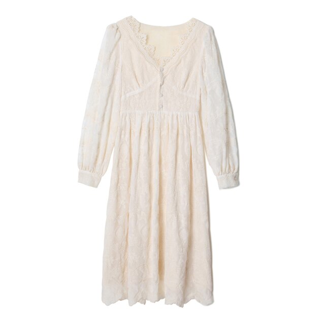 Women Dress For Girls Sexy V-Neck Gentle Sweet Lace Embroidery Dresses Fashion Autumn Long-Sleeve Temperament Korean Dress Skirt