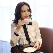 Load image into Gallery viewer, Women Dress Shirt 2021 New Elegant Long Flare Sleeve Chiffon Shirt Office Lady Single Breasted Lace-up Ruffles Blouse Ladies Top