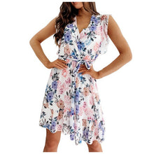 Load image into Gallery viewer, Women Dresses Summer  Women&#39;s Fashion Chiffon Ruffle Short-sleeved V-neck Printed Waist-skimming Casual Elegan Mini Dress