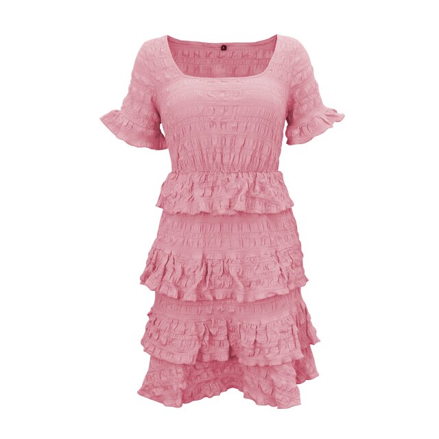 Women Elegant Cascading Ruffle Party Dress Ladies Sexy O Neck Short Sleeve Mini Dress 2021 New Summer Girl Sweet Solid Dresses