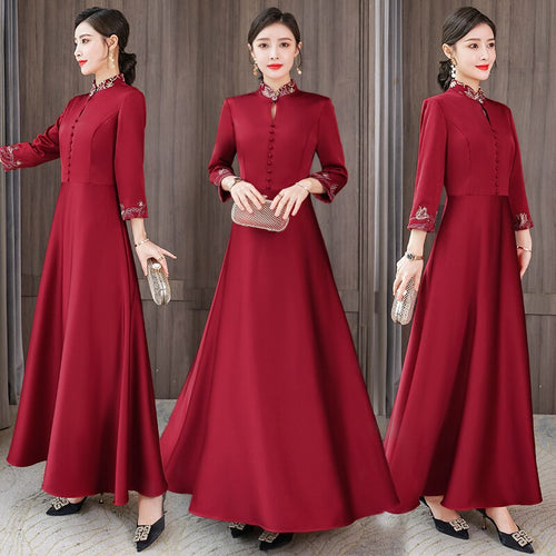Women Elegant Chinese Style Dress Vintage Embroidery Stand Collar Button High Waist Plus Size Red Party Dress Ladies Clothes