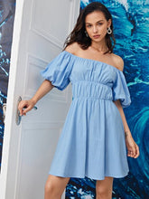 Load image into Gallery viewer, Women Elegant Vintage Sweet Blue Dress Sexy Slash Neck Off The Shoulder Puff Sleeve Party Dress 2021 Summer A Line Mini Dresses