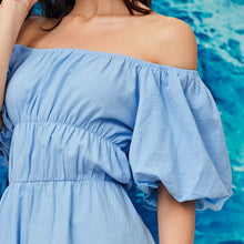 Load image into Gallery viewer, Women Elegant Vintage Sweet Blue Dress Sexy Slash Neck Off The Shoulder Puff Sleeve Party Dress 2021 Summer A Line Mini Dresses
