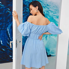 Load image into Gallery viewer, Women Elegant Vintage Sweet Blue Dress Sexy Slash Neck Off The Shoulder Puff Sleeve Party Dress 2021 Summer A Line Mini Dresses