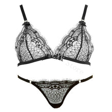 Load image into Gallery viewer, Women Embroidery Lace Ultra Thin Half Cup Bra Open Crotch Panty Sexy Lingerie Set with Garters Black Underwire Bralette Sets