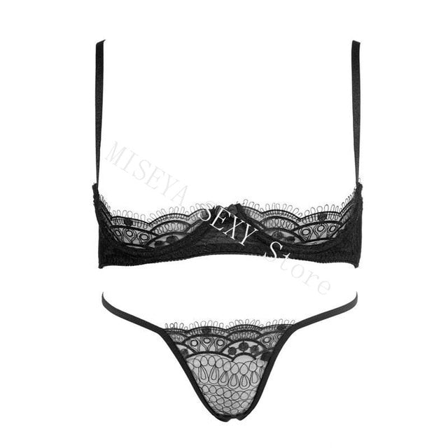 Women Embroidery Lace Ultra Thin Half Cup Bra Open Crotch Panty Sexy Lingerie Set with Garters Black Underwire Bralette Sets