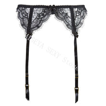 Load image into Gallery viewer, Women Embroidery Lace Ultra Thin Half Cup Bra Open Crotch Panty Sexy Lingerie Set with Garters Black Underwire Bralette Sets