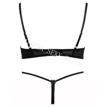 Load image into Gallery viewer, Women Embroidery Lace Ultra Thin Half Cup Bra Open Crotch Panty Sexy Lingerie Set with Garters Black Underwire Bralette Sets