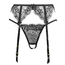 Load image into Gallery viewer, Women Embroidery Lace Ultra Thin Half Cup Bra Open Crotch Panty Sexy Lingerie Set with Garters Black Underwire Bralette Sets
