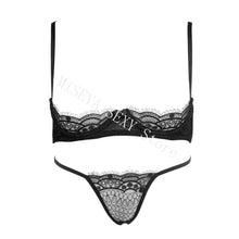 Load image into Gallery viewer, Women Embroidery Lace Ultra Thin Half Cup Bra Open Crotch Panty Sexy Lingerie Set with Garters Black Underwire Bralette Sets